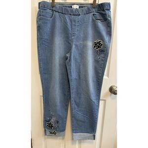 Denim Co 18W Crop Jeans Embroidered Elastic Waist Stretch 5 Pocket Preowned